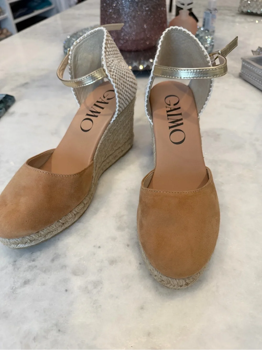 Gaimo Tan Espadrille Wedge Sandals with Gold Ankle Strap made in Spain 38 new